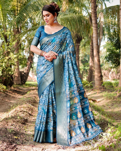 PURE SILK DIGITALLY PRINTED SAREE WEAVED WITH GOLDEN ZARI COMES WITH TASSELS