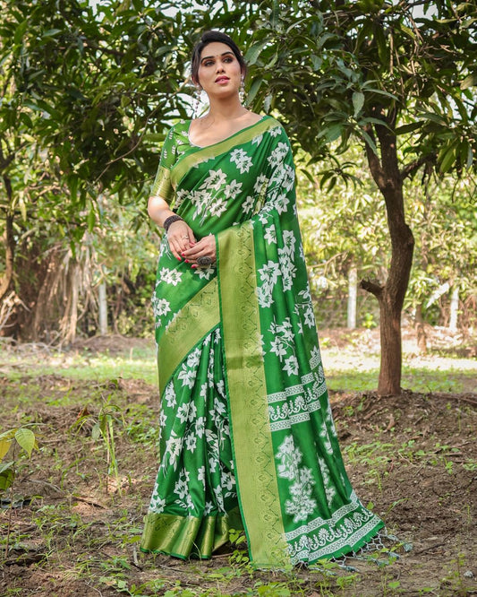 PURE SILK DIGITALLY PRINTED SAREE WEAVED WITH GOLDEN ZARI COMES WITH TASSELS