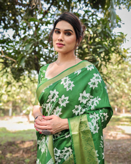 PURE SILK DIGITALLY PRINTED SAREE WEAVED WITH GOLDEN ZARI COMES WITH TASSELS