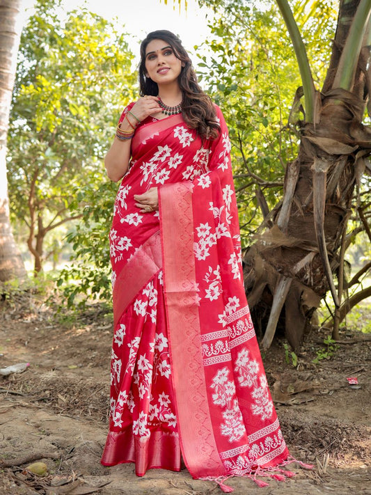 PURE SILK DIGITALLY PRINTED SAREE WEAVED WITH GOLDEN ZARI COMES WITH TASSELS