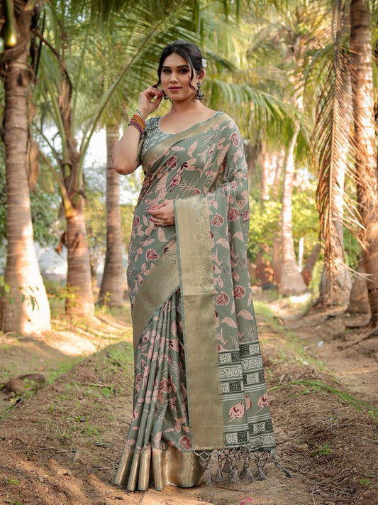 PURE SILK DIGITALLY PRINTED SAREE WEAVED WITH GOLDEN ZARI COMES WITH TASSELS
