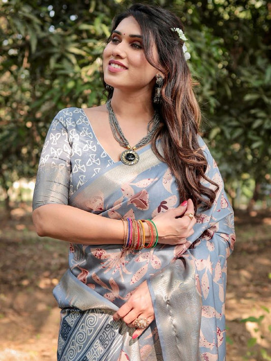 PURE SILK DIGITALLY PRINTED SAREE WEAVED WITH GOLDEN ZARI COMES WITH TASSELS
