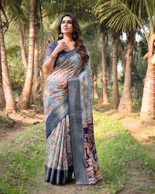 PURE SILK DIGITALLY PRINTED SAREE WEAVED WITH GOLDEN ZARI COMES WITH TASSELS
