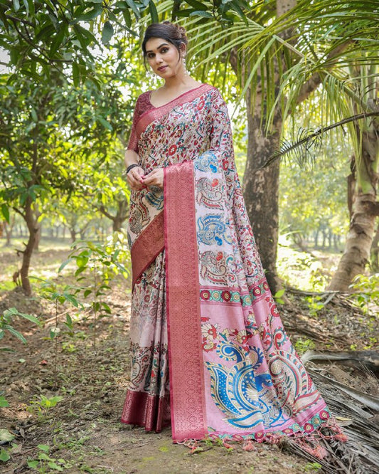 PURE SILK DIGITALLY PRINTED SAREE WEAVED WITH GOLDEN ZARI COMES WITH TASSELS