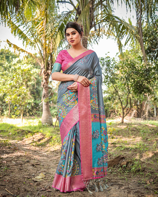 PURE SILK DIGITALLY PRINTED SAREE WEAVED WITH GOLDEN ZARI COMES WITH TASSELS