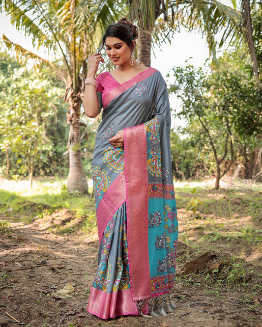 PURE SILK DIGITALLY PRINTED SAREE WEAVED WITH GOLDEN ZARI COMES WITH TASSELS