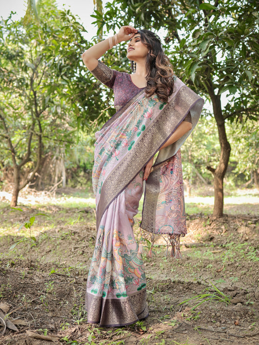 PURE SILK DIGITALLY PRINTED SAREE WEAVED WITH GOLDEN ZARI COMES WITH TASSELS