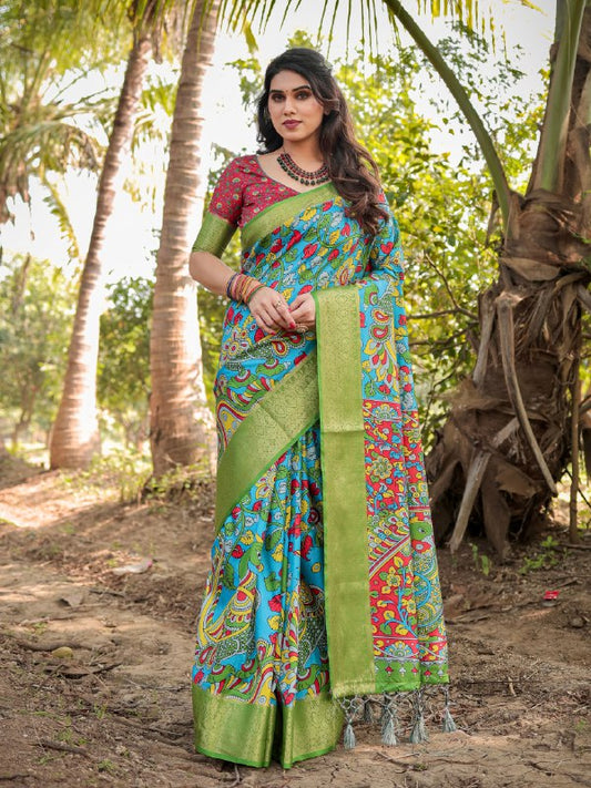 PURE SILK DIGITALLY PRINTED SAREE WEAVED WITH GOLDEN ZARI COMES WITH TASSELS