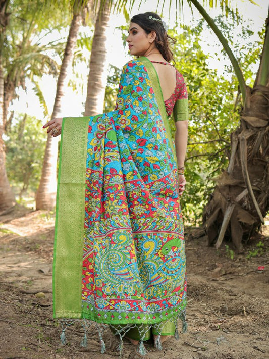 PURE SILK DIGITALLY PRINTED SAREE WEAVED WITH GOLDEN ZARI COMES WITH TASSELS