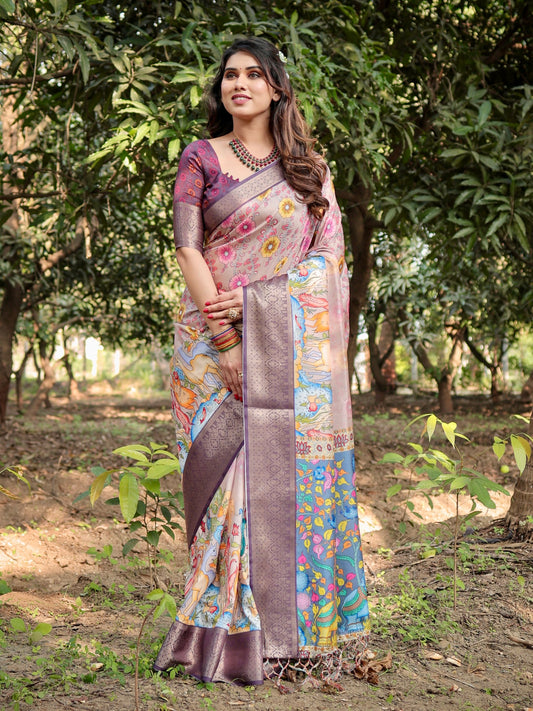 PURE SILK DIGITALLY PRINTED SAREE WEAVED WITH GOLDEN ZARI COMES WITH TASSELS