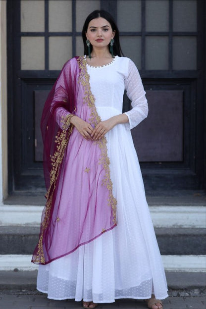 White Attractive Partywear Faux Georgette Thousand Butti Gown With Wine Dupatta