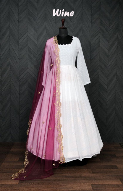 White Attractive Partywear Faux Georgette Thousand Butti Gown With Wine Dupatta