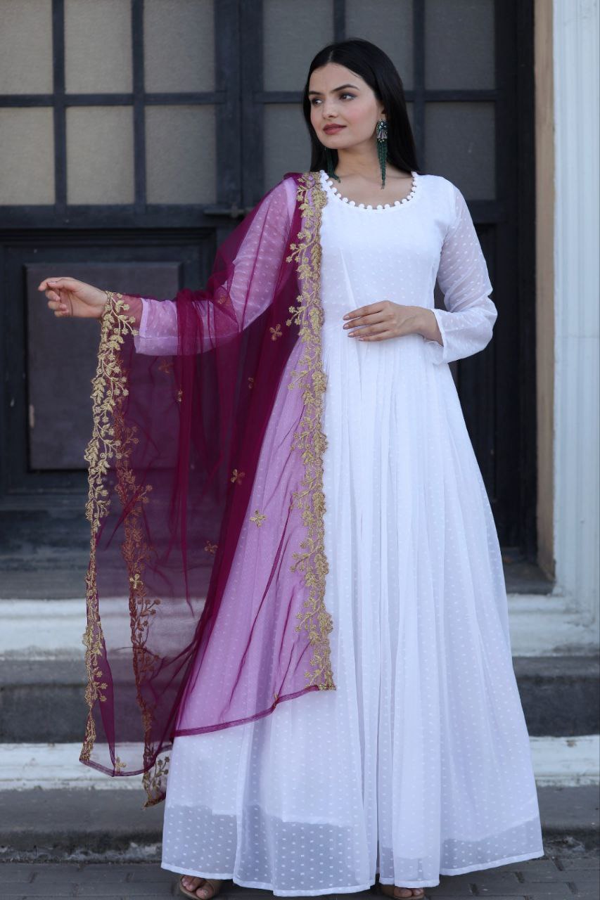 White Attractive Partywear Faux Georgette Thousand Butti Gown With Wine Dupatta