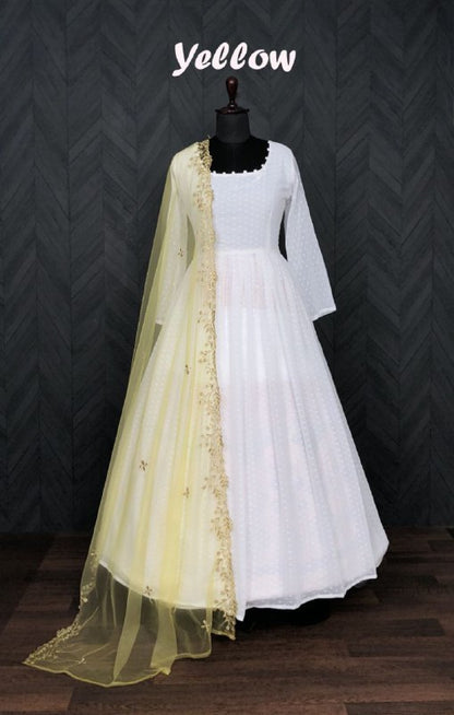 White Attractive Partywear Faux Georgette Thousand Butti Gown With Yellow Dupatta