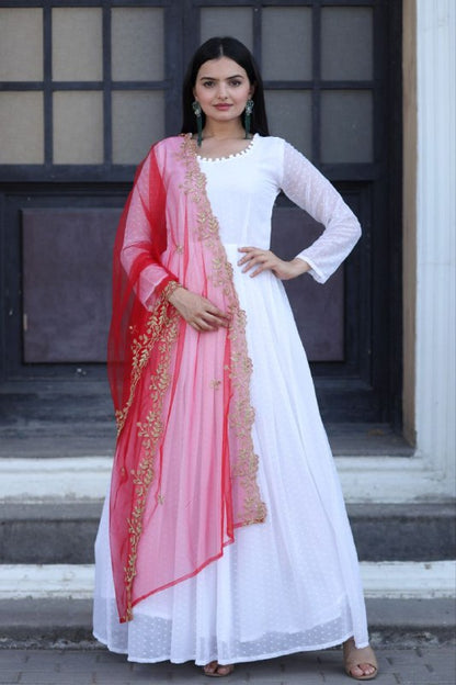 White Attractive Partywear Faux Georgette Thousand Butti Gown With Red Dupatta