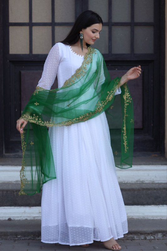 White Attractive Partywear Faux Georgette Thousand Butti Gown With Green Dupatta