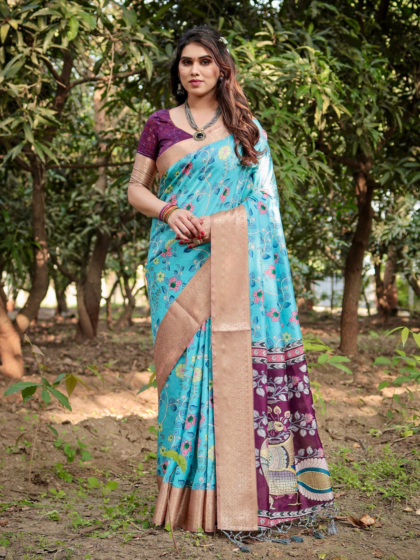 PURE SILK DIGITALLY PRINTED SAREE WEAVED WITH GOLDEN ZARI COMES WITH TASSELS