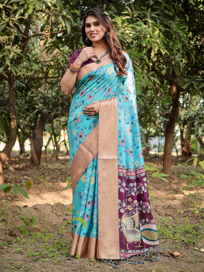 PURE SILK DIGITALLY PRINTED SAREE WEAVED WITH GOLDEN ZARI COMES WITH TASSELS