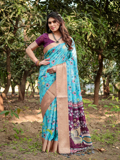 PURE SILK DIGITALLY PRINTED SAREE WEAVED WITH GOLDEN ZARI COMES WITH TASSELS