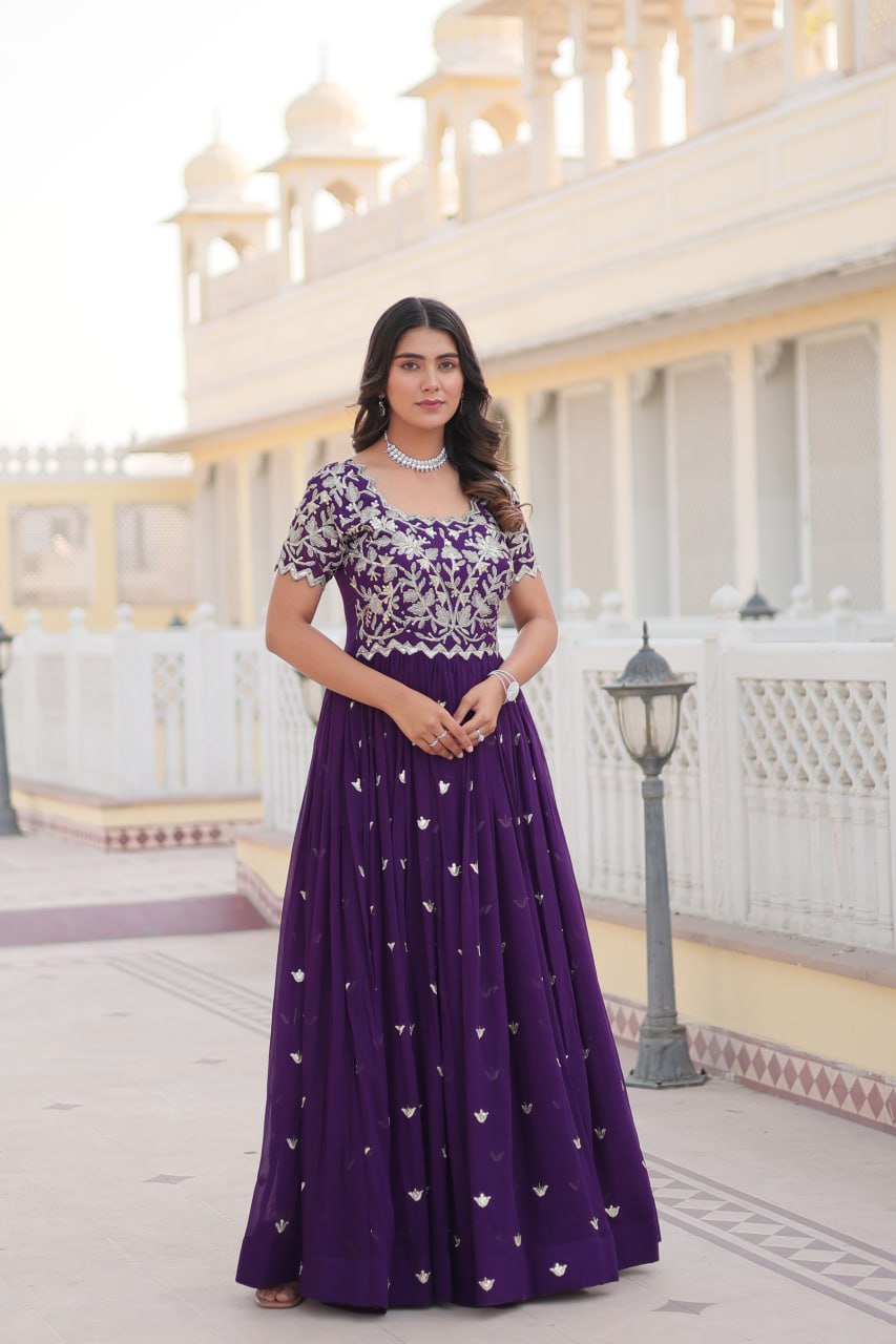 Purple Faux Blooming With coding Sequins Embroidered Work Gown