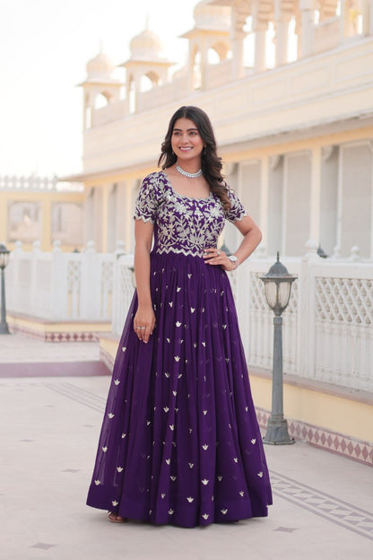 Purple Faux Blooming With coding Sequins Embroidered Work Gown