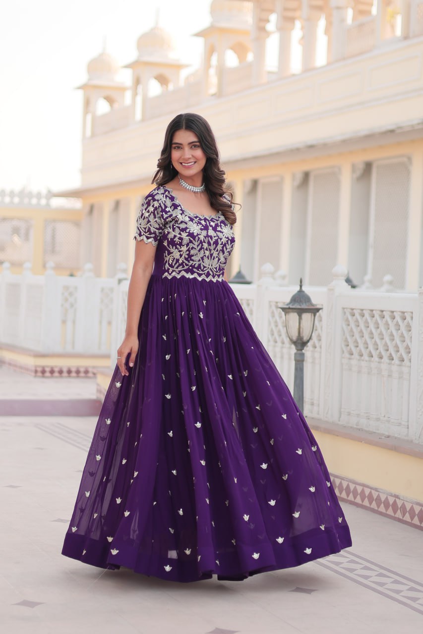 Purple Faux Blooming With coding Sequins Embroidered Work Gown