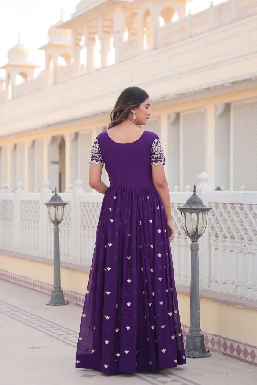 Purple Faux Blooming With coding Sequins Embroidered Work Gown