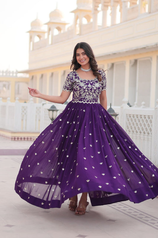 Purple Faux Blooming With coding Sequins Embroidered Work Gown
