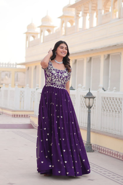 Purple Faux Blooming With coding Sequins Embroidered Work Gown