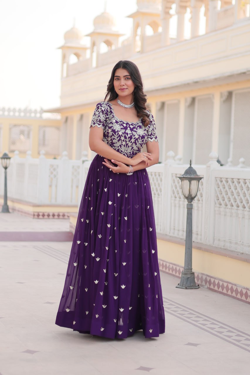 Purple Faux Blooming With coding Sequins Embroidered Work Gown