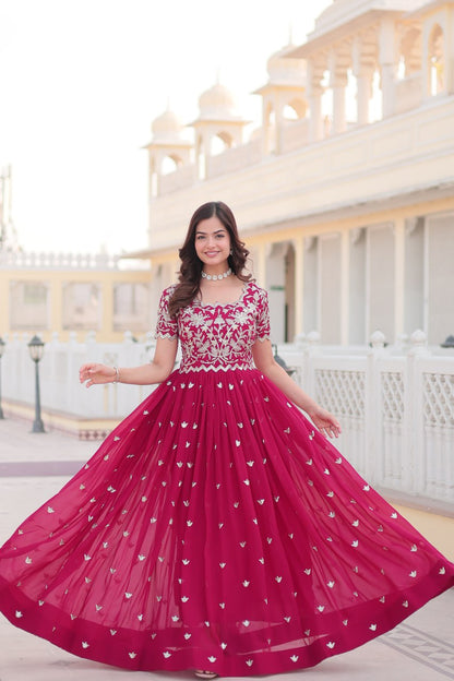 Pink Faux Blooming With coding Sequins Embroidered Work Gown