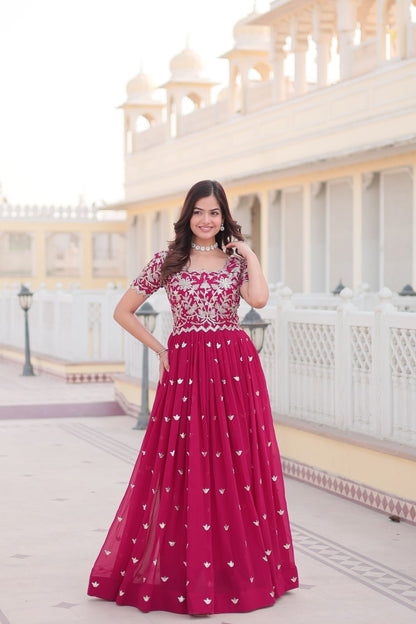 Pink Faux Blooming With coding Sequins Embroidered Work Gown