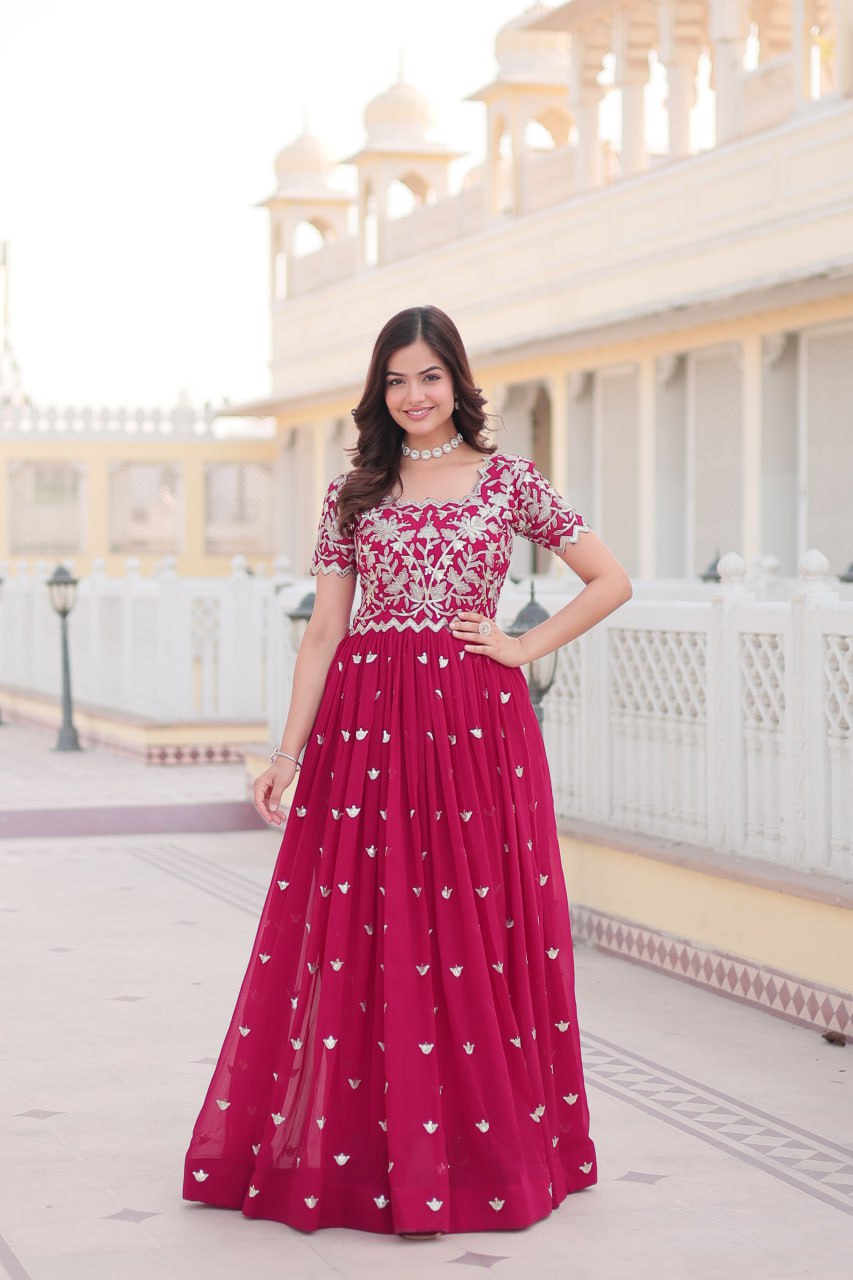 Pink Faux Blooming With coding Sequins Embroidered Work Gown