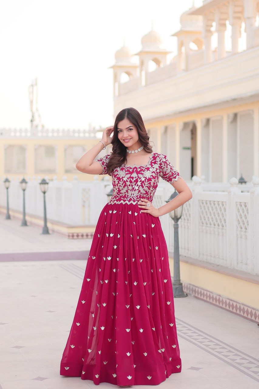 Pink Faux Blooming With coding Sequins Embroidered Work Gown