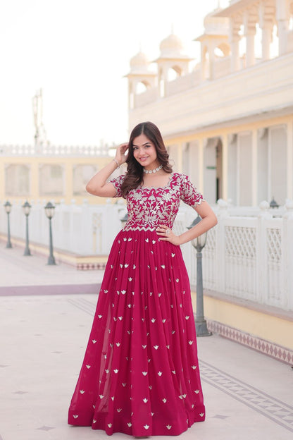 Pink Faux Blooming With coding Sequins Embroidered Work Gown