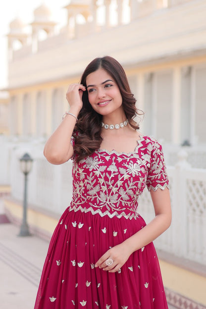 Pink Faux Blooming With coding Sequins Embroidered Work Gown