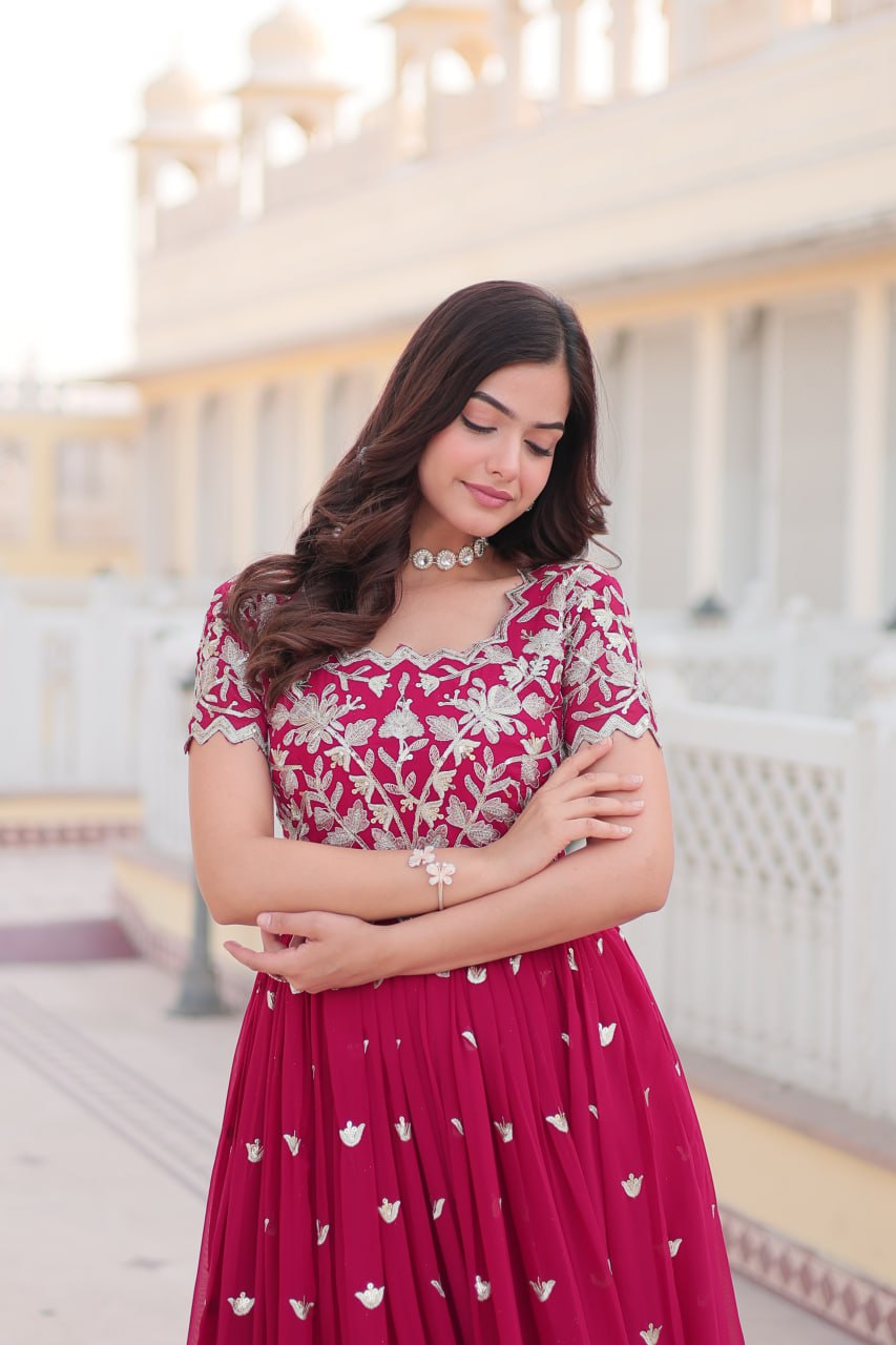 Pink Faux Blooming With coding Sequins Embroidered Work Gown