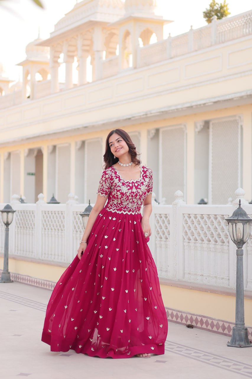 Pink Faux Blooming With coding Sequins Embroidered Work Gown