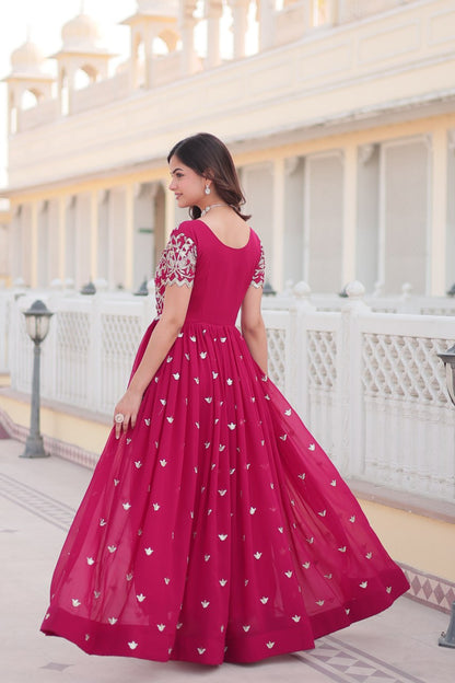 Pink Faux Blooming With coding Sequins Embroidered Work Gown