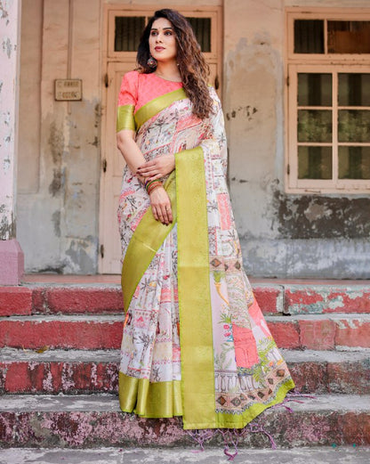 PURE SILK DIGITALLY PRINTED SAREE WEAVED WITH GOLDEN ZARI COMES WITH TASSELS