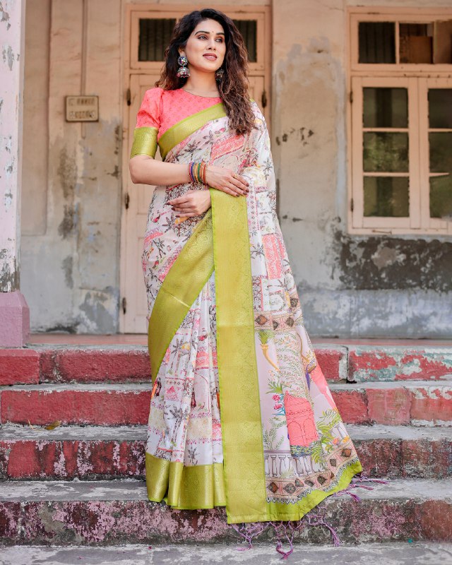 PURE SILK DIGITALLY PRINTED SAREE WEAVED WITH GOLDEN ZARI COMES WITH TASSELS