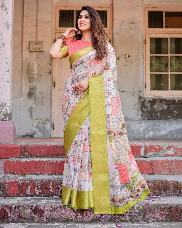 PURE SILK DIGITALLY PRINTED SAREE WEAVED WITH GOLDEN ZARI COMES WITH TASSELS