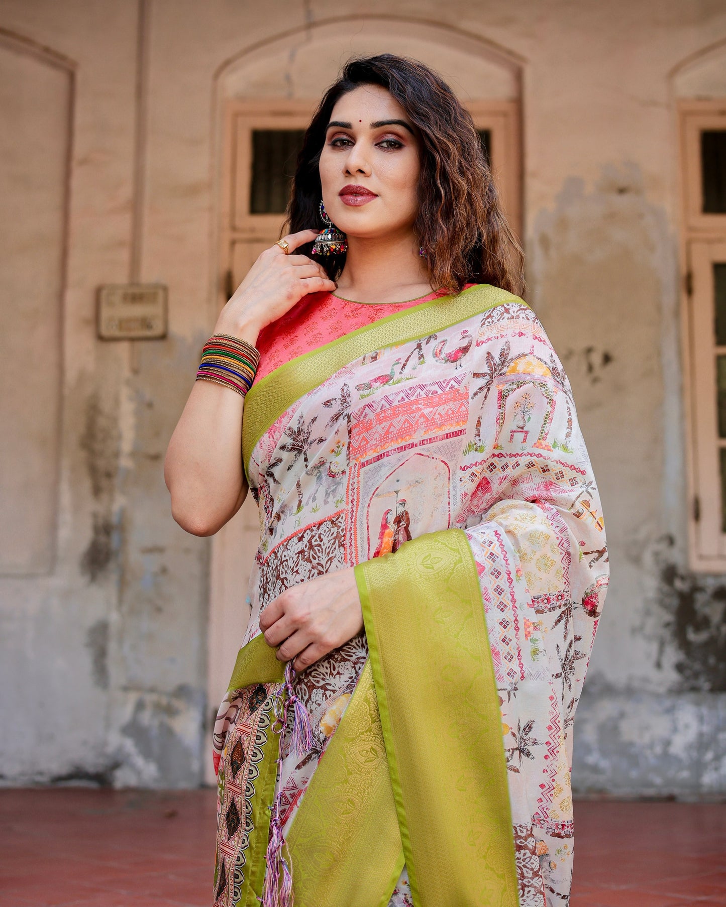 PURE SILK DIGITALLY PRINTED SAREE WEAVED WITH GOLDEN ZARI COMES WITH TASSELS