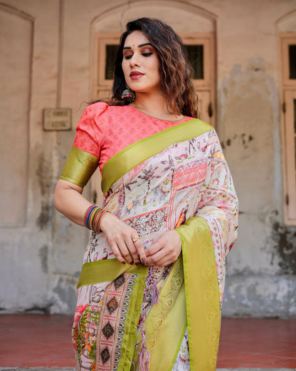 PURE SILK DIGITALLY PRINTED SAREE WEAVED WITH GOLDEN ZARI COMES WITH TASSELS