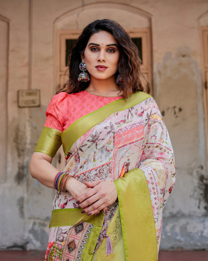 PURE SILK DIGITALLY PRINTED SAREE WEAVED WITH GOLDEN ZARI COMES WITH TASSELS