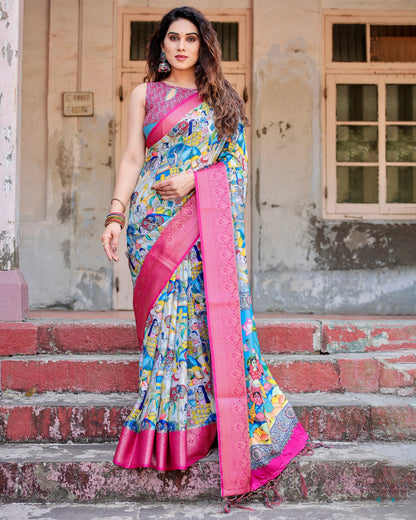 PURE SILK DIGITALLY PRINTED SAREE WEAVED WITH GOLDEN ZARI COMES WITH TASSELS