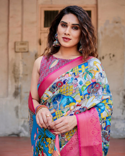 PURE SILK DIGITALLY PRINTED SAREE WEAVED WITH GOLDEN ZARI COMES WITH TASSELS