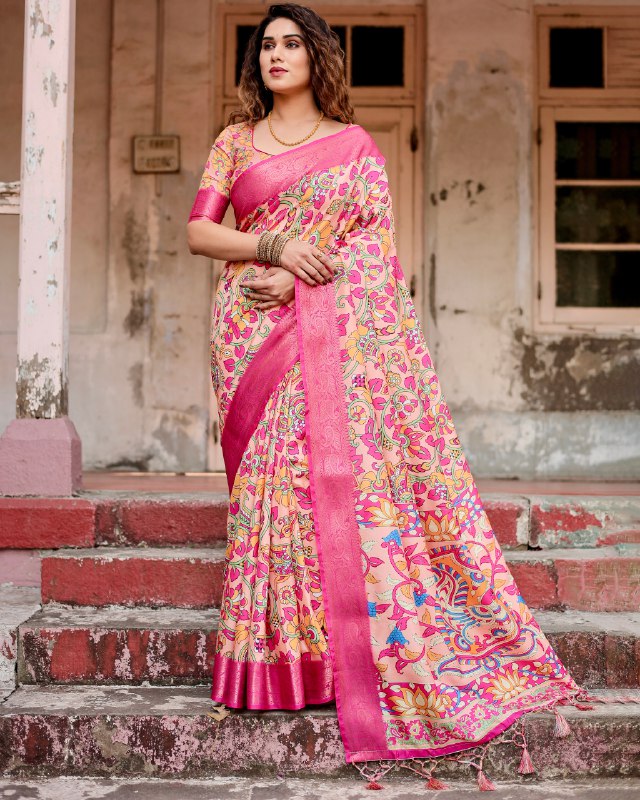 PURE SILK DIGITALLY PRINTED SAREE WEAVED WITH GOLDEN ZARI COMES WITH TASSELS