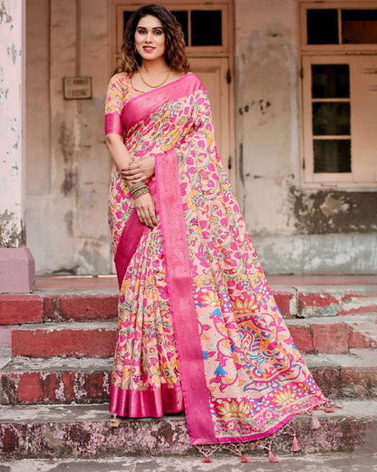 PURE SILK DIGITALLY PRINTED SAREE WEAVED WITH GOLDEN ZARI COMES WITH TASSELS