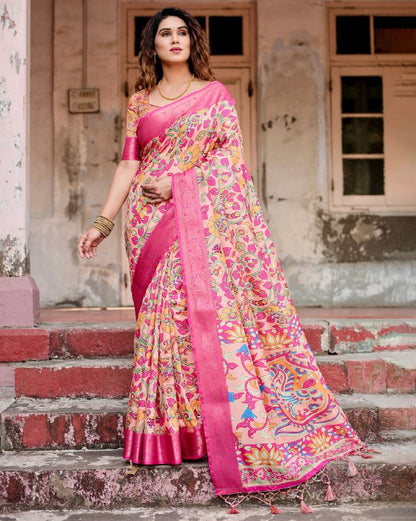 PURE SILK DIGITALLY PRINTED SAREE WEAVED WITH GOLDEN ZARI COMES WITH TASSELS